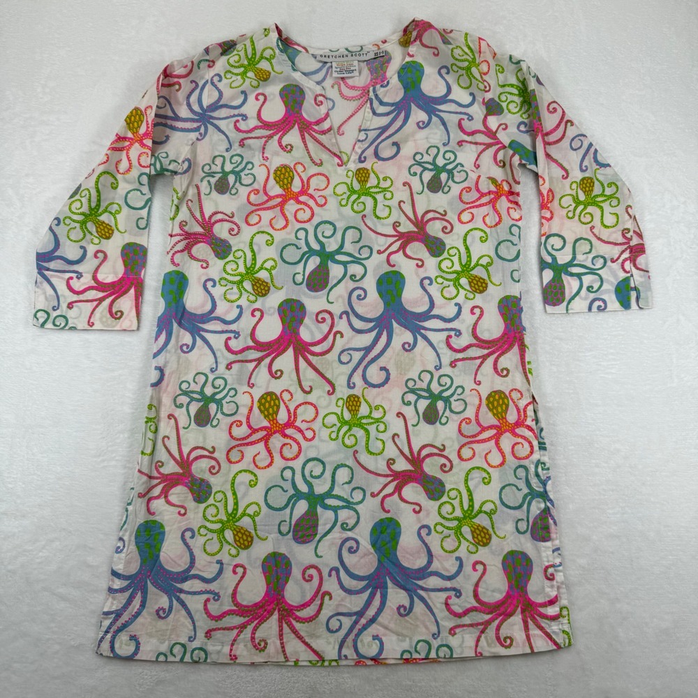 Gretchen Scott Womens XS Octopus Print‎ Tunic Dress White Pink Blue Cotton Beach